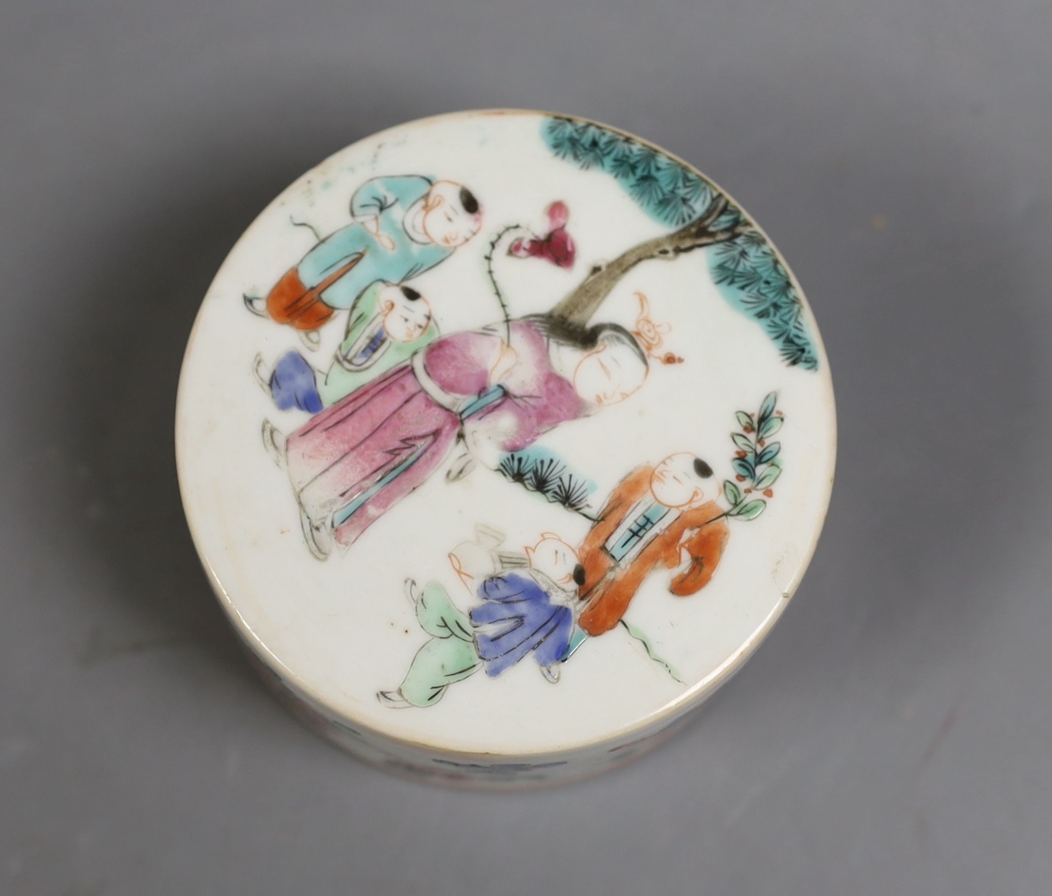 A 19th century Chinese famille rose box and cover, Liberty retail label, 9.5 cms diameter.